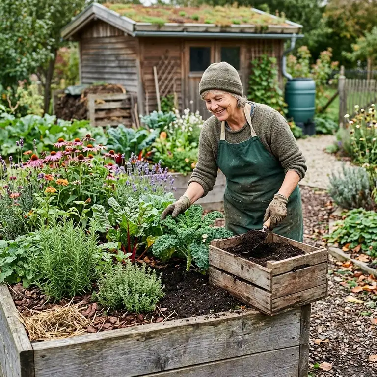 Eine Gärtnerin pflegt ein Hochbeet im Sinne für nachhaltige gartenpflege ganzjährig mit natürlichem Kompost.