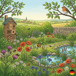 Eine bunte Wildblumenwiese voller Bienen und Schmetterlinge, die hilft, natürliche gartenökosysteme fördern.