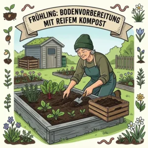 Illustration für nachhaltige gartenpflege ganzjährig: Umgraben und Vorbereiten des Bodens mit reifem Kompost im Frühling.