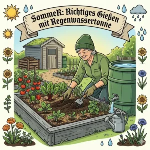 Tipps für nachhaltige gartenpflege ganzjährig im Sommer: Richtiges Gießen mit gesammeltem Regenwasser aus einer Tonne.