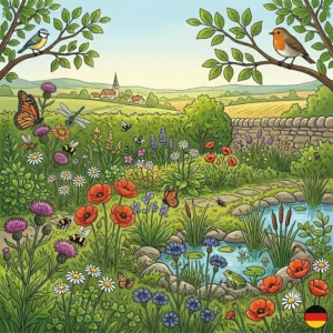 Ein naturbelassener Gartenteich mit Libellen und Fröschen, um im eigenen Garten natürliche gartenökosysteme fördern.