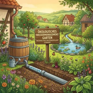 Natürliches Wassermanagement mit Regentonne und Bachlauf, integriert in einen selbstregulierender garten ökologisch.