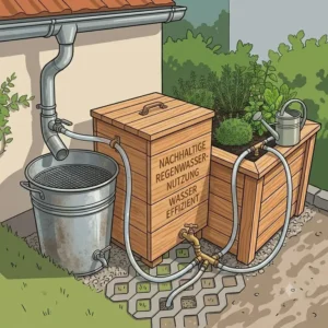 Diagram showing a rainwater harvesting setup that supports langlebige gartenlösungen nachhaltig in the garden.