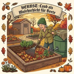 Praktische nachhaltige gartenpflege ganzjährig im Herbst: Rechen von buntem Laub als schützende Mulchschicht für Beete.