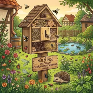 Ein großes Insektenhotel zieht Nützlinge zur biologischen Schädlingsbekämpfung an im selbstregulierender garten ökologisch.