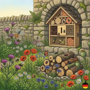 Ein großes Insektenhotel und eine Totholzhecke als wichtiger Beitrag, để natürliche gartenökosysteme fördern.