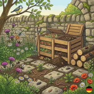 Ein aktiver Komposthaufen zur Humuserzeugung, um das Bodenleben und natürliche gartenökosysteme fördern.