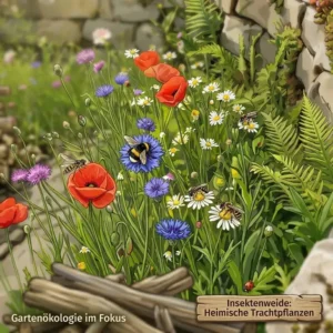 Eine blühende Wildblumenwiese mit Insektenhotel im Fokus, um ökologische gartenstrukturen planen.