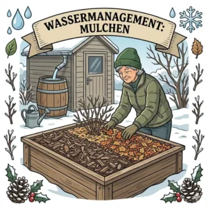 Illustration für wassersparende und nachhaltige gartenpflege ganzjährig durch eine dicke Mulchschicht auf dem Gartenboden.