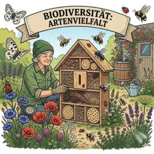 Förderung der Artenvielfalt als Teil für nachhaltige gartenpflege ganzjährig: Ein großes Insektenhotel auf einer Wildblumenwiese.