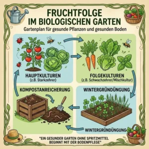 Infografik-Diagramm zur Fruchtfolge, die den Weg zu dauerhaft gesunde Pflanzen ohne Spritzmittel zeigt.