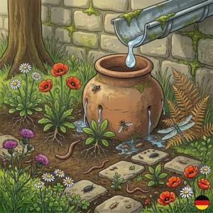 Eine traditionelle Ton-Olla zur Wassereinsparung im Beet, um Ressourcen zu schonen und natürliche gartenökosysteme fördern.