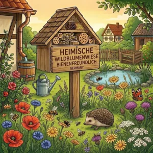 Eine heimische und bienenfreundliche Wildblumenwiese blüht in einem prachtvollen selbstregulierender garten ökologisch.