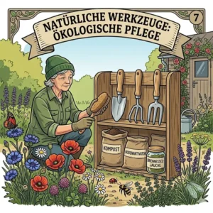 Werkzeuge für nachhaltige gartenpflege ganzjährig: Biologische Düngemittel und hölzerne Gartenwerkzeuge im Überblick.