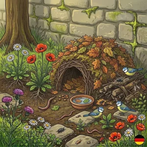 Ein geschütztes Igelhaus unter einem großen Laubhaufen, um Nützlinge zu schützen und natürliche gartenökosysteme fördern.