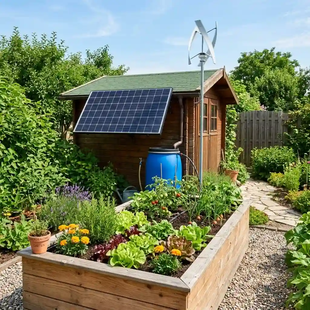 A beautiful and highly sustainable home setup showcasing key features of an energieautarker garten möglichkeiten with solar panels and organic vegetable beds.