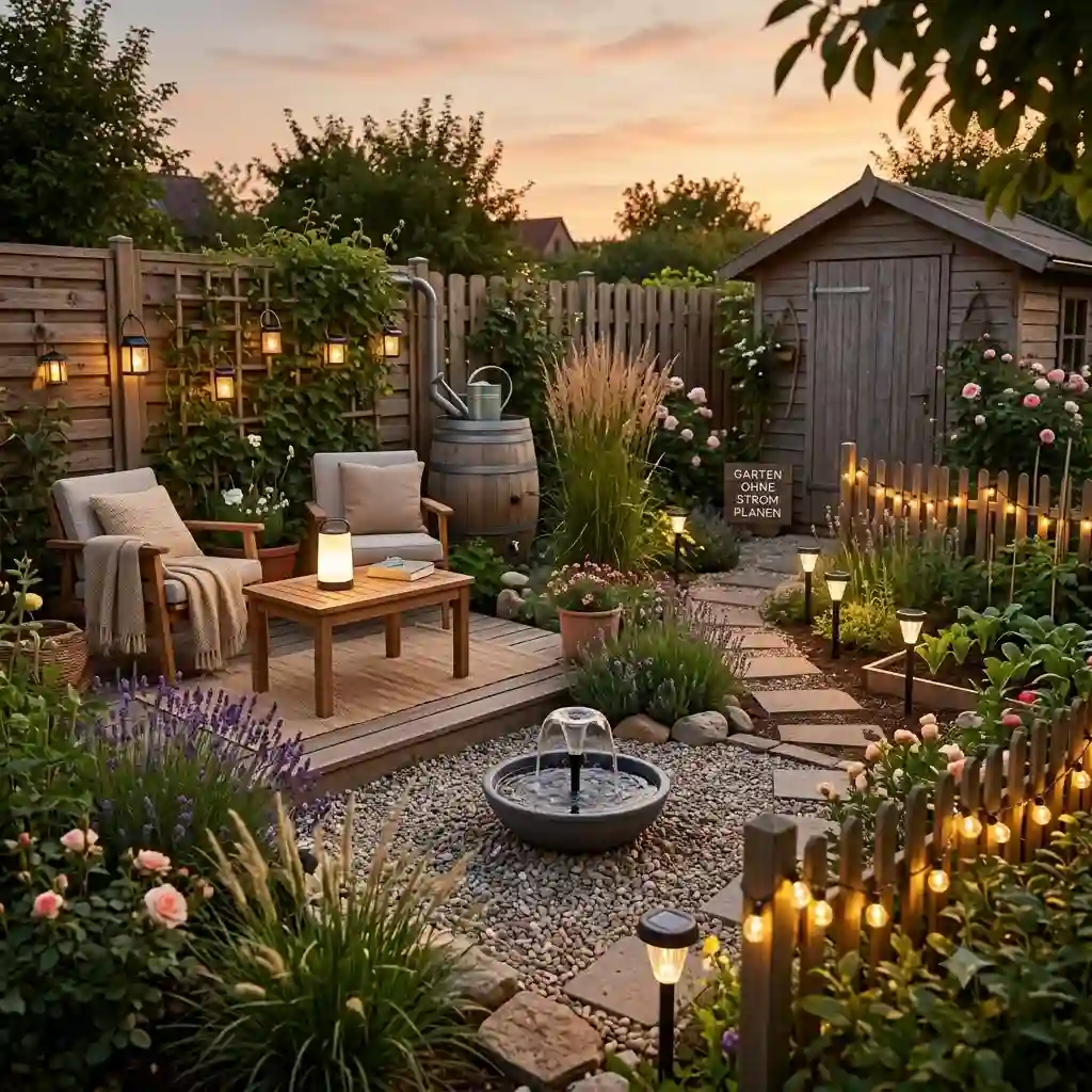 Cozy off-grid garden scene with warm solar lighting, a small pond, and a seating area, perfect for garten ohne stromanschluss planen.