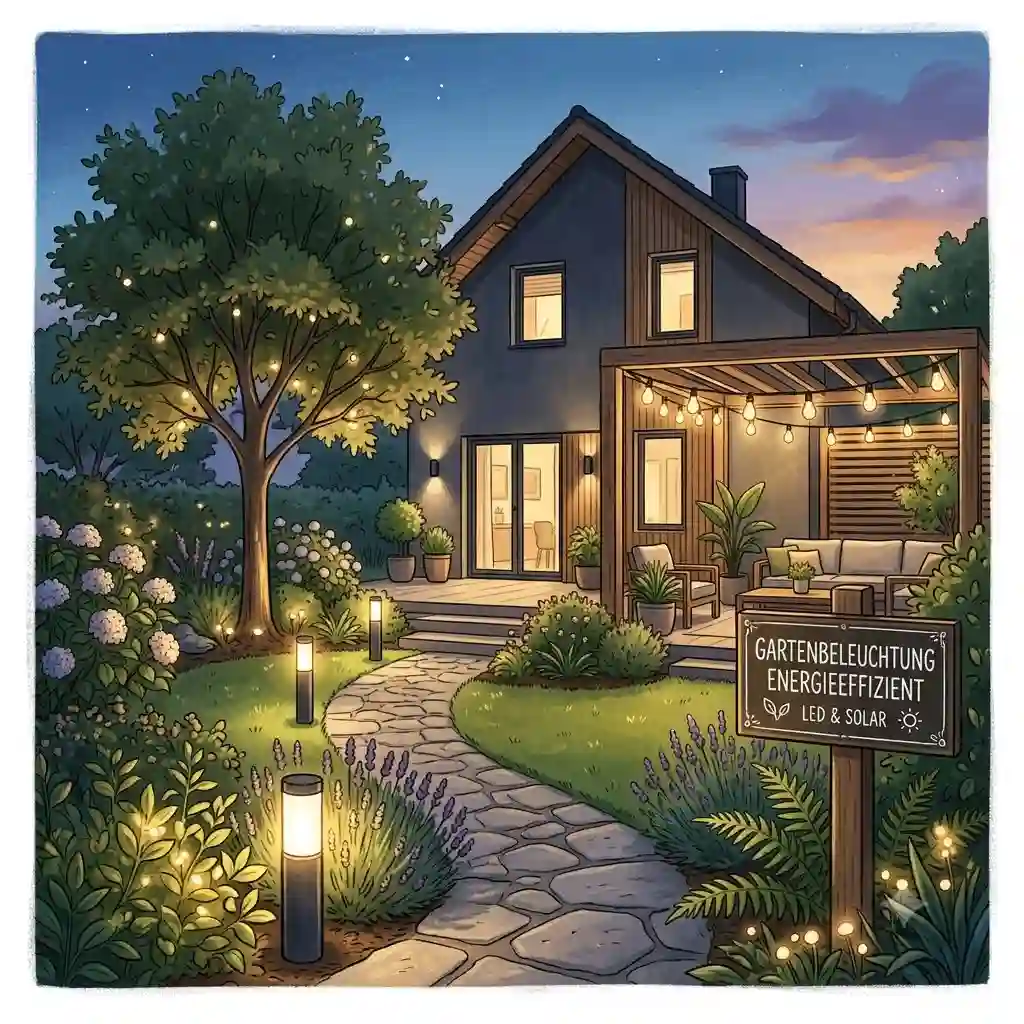 A wide-angle, atmospheric twilight photograph of a modern, beautifully landscaped garden with advanced "gartenbeleuchtung energieeffizient" integrated into the paths and features.