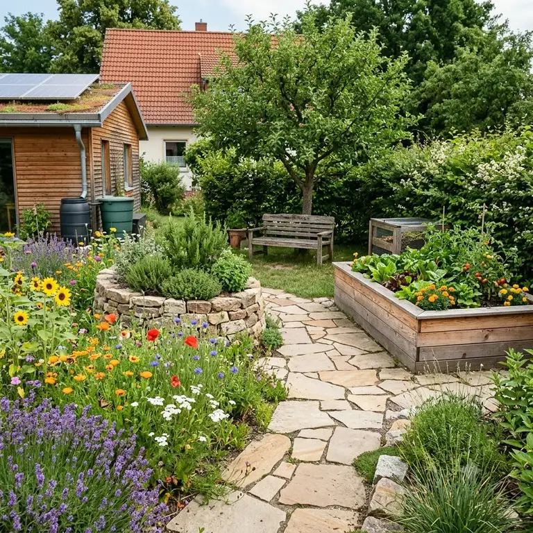 Moderne und funktionale Gartenflächen ökologisch gestaltet mit einer Terrasse aus heimischem Holz und einer angrenzenden Wildblumenwiese.