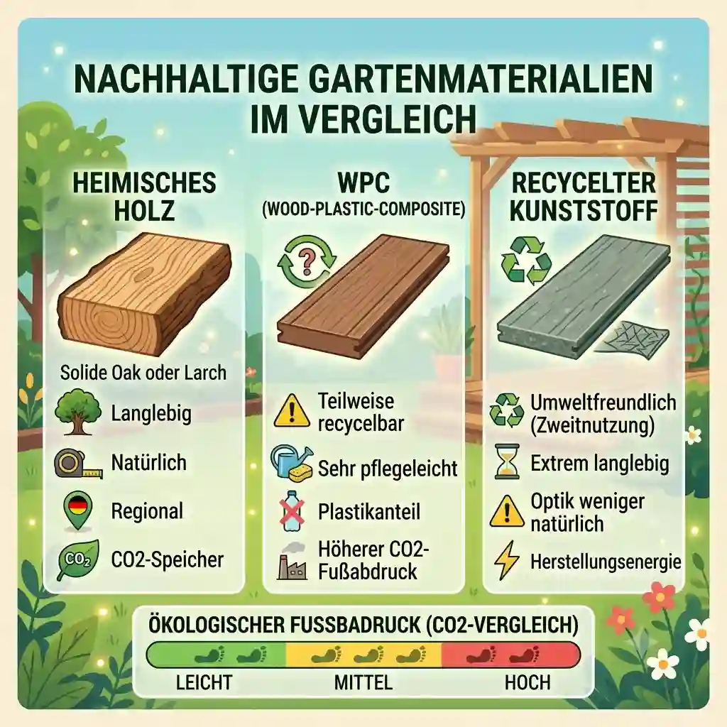 A comprehensive nachhaltige gartenmaterialien vergleich showing eco-friendly options like wood, natural stone, and recycled plastic for garden design.