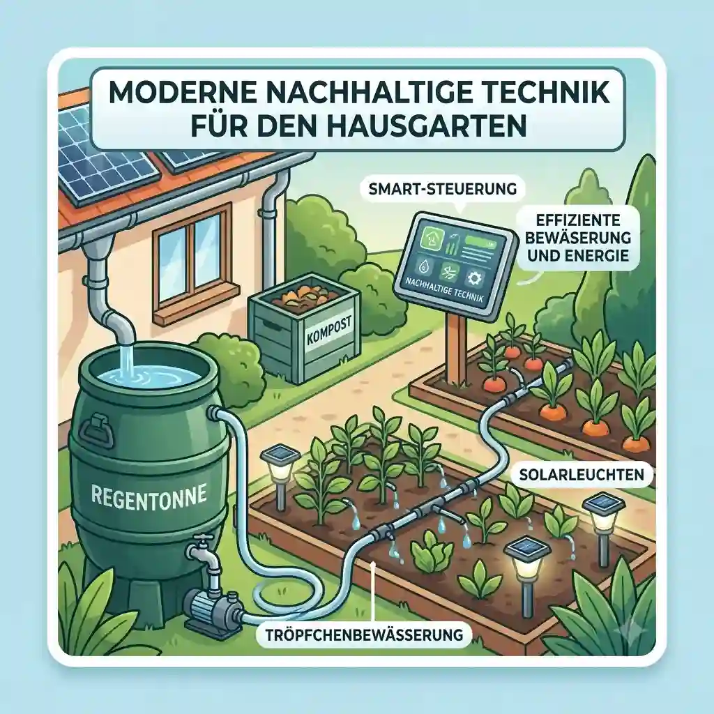 Modern nachhaltige technik für hausgarten featuring solar panels, rainwater system, and automatic drip irrigation.