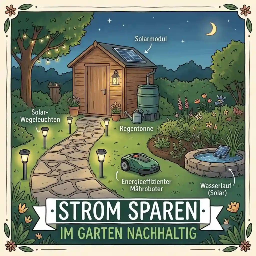 A modern eco-friendly garden overview illustrating how to strom sparen im garten nachhaltig with solar lights, rain barrels, and energy-efficient LED lamps.