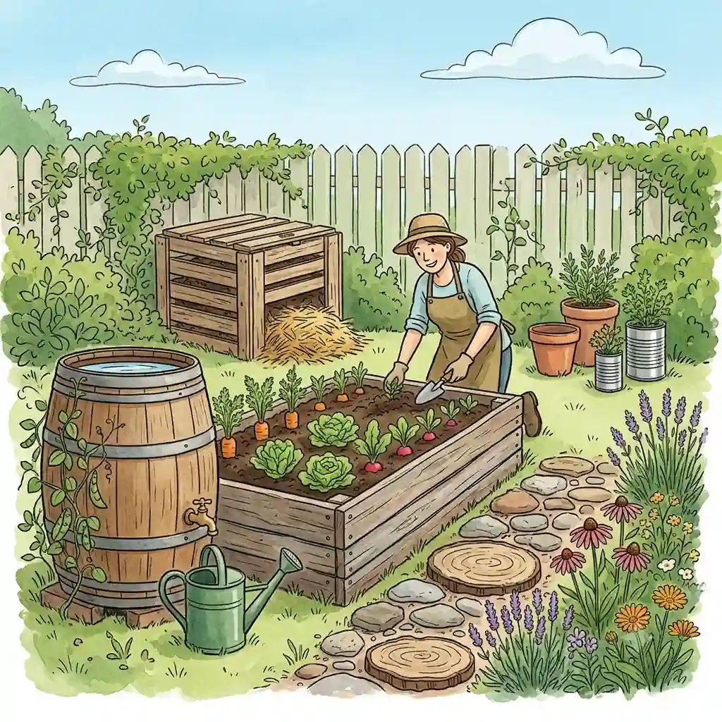 A featured image showing various sustainable gardening practices using ressourcenarme gartenmaterialien.