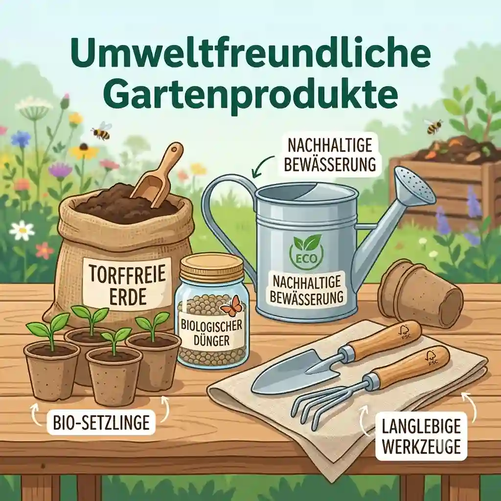 Eine Auswahl verschiedener umweltfreundliche gartenprodukte wie biologischer Duenger, torffreie Erde und Werkzeuge auf einem Gartentisch.