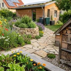 Nachhaltig gestaltete Garagenauffahrt mit versickerungsfähigem Pflaster für ein optimales Regenwassermanagement im Garten.