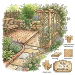 Illustration highlighting "natürliche materialwahl im garten" using various natural materials like wood and stone