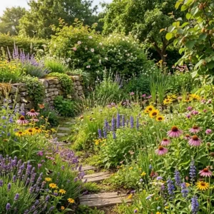 A vibrant wildflower meadow showcasing colorful native plants as one of the most effective naturnahe gartengestaltung ideen for bees and butterflies.