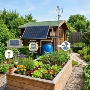 An infographic detailing various solar power options and smart setups for an energieautarker garten möglichkeiten.