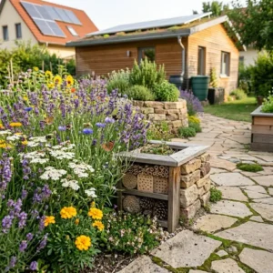 Skizze einer funktionalen Gartenzone mit heimischen Stauden, einem Insektenhotel und einer kleinen Kräuterspirale.