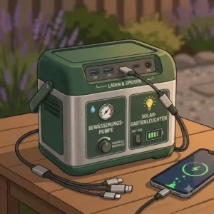 A portable power station sitting on a wooden garden table charging a smartphone, demonstrating a power source for garten ohne stromanschluss planen.