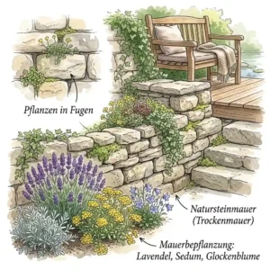 natürliche materialwahl im garten" depicted through a variety of plants, stones, and garden elements.