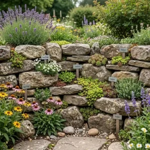 A stacked natural stone wall filled with alpine plants, demonstrating classic naturnahe gartengestaltung ideen for structural garden elements.
