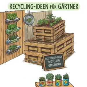 A sturdy, hand-built raised vegetable garden bed constructed from old wooden pallets, highlighting practical recycling ideen für gartenbau.