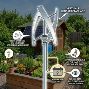 A clean diagram showing how small vertical-axis wind turbines provide a reliable power source for an energieautarker garten möglichkeiten.