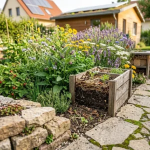 Querschnitt durch ein ökologisches Gartenbeet mit einer dicken Mulchschicht zum Schutz vor Austrocknung und Bodenerosion.