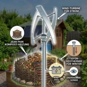 A blueprint illustration of an automated rainwater harvesting and drip irrigation layout in an energieautarker garten möglichkeiten.