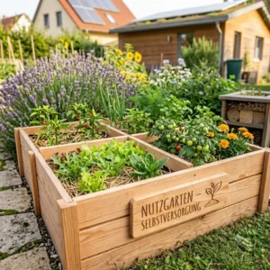 Modular aufgebaute Hochbeete aus Lärchenholz in einem modernen, funktionalen und ökologischen Selbstversorgergarten.