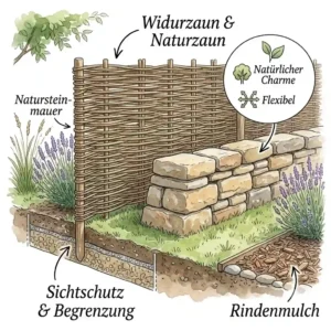 Showcasing different ways to implement "natürliche materialwahl im garten" in a modern garden setting