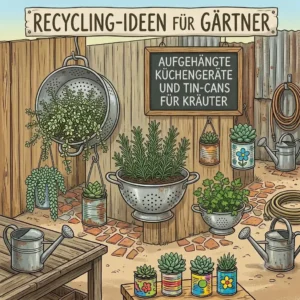 Whimsical hanging planters created from repurposed old kitchen utensils like a metal sieve and teapot, displaying unique recycling ideen für gartenbau.