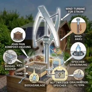 An educational illustration showing how to effectively convert organic waste into biomass within an energieautarker garten möglichkeiten.
