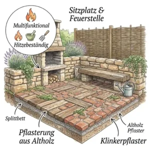natürliche materialwahl im garten" shown in the texture of a wooden fence and various plant species
