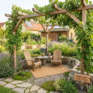 Pergola mit Weinreben über einem Sitzplatz als funktionale und ökologische Lösung zur Beschattung und Hitzeminderung im Sommer.