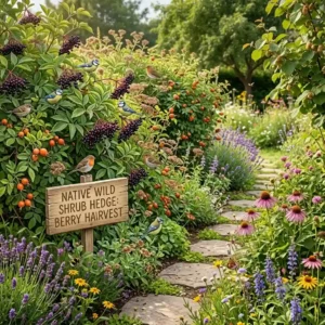 A dense hedge of native shrubs providing bird shelter, highlighting sustainable naturnahe gartengestaltung ideen for garden boundaries.