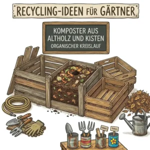 A functional three-section garden composting bin built from assorted scrap wood pieces, perfect for sustainable recycling ideen für gartenbau.