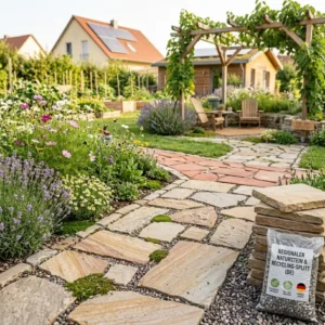 Ein geschwungener Gartenweg aus regionalem Naturstein und Recycling-Splitt für eine umweltfreundliche Gartengestaltung.