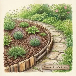 A garden corner emphasizing "natürliche materialwahl im garten" with a natural stone border and diverse plantings.